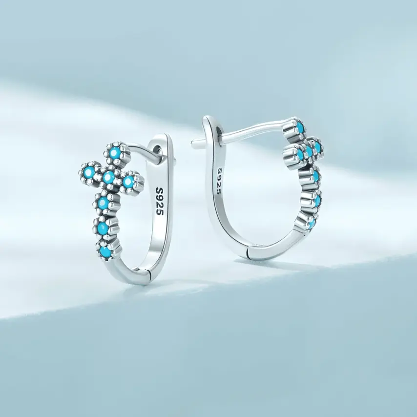 Pendientes de Cruz Turquesa <myexti><span>Plata de Ley 925, chapada en oro blanco, con turquesas</span></myexti> - Imagen 3