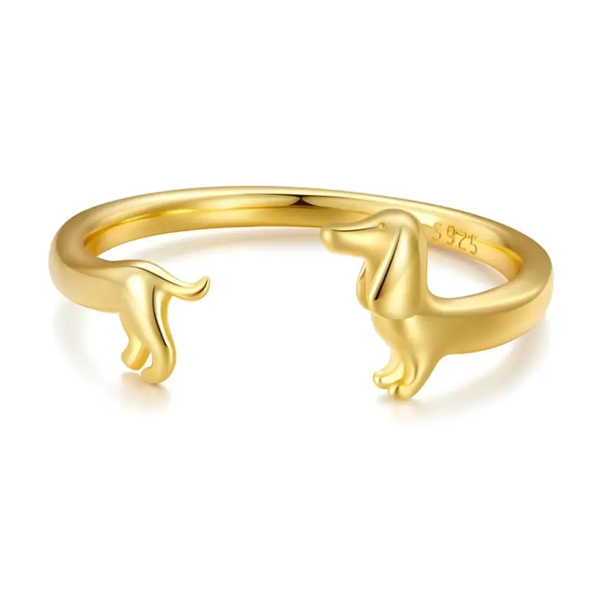 Anillo de Perro Salchicha <myexti><span>Plata de Ley 925, chapada en oro amarillo - ajustable</span></myexti>