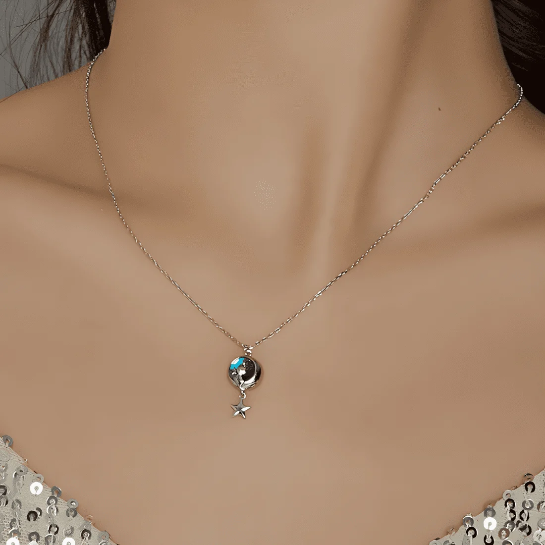 Collar Gato y Luna <myexti><span>Plata de Ley 925, chapada en oro blanco, con esmalte azul y longitud ajustable</span></myexti> - Imagen 2