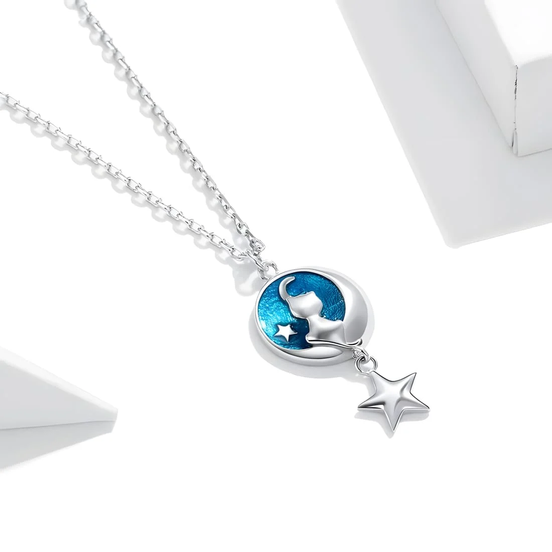 Collar Gato y Luna <myexti><span>Plata de Ley 925, chapada en oro blanco, con esmalte azul y longitud ajustable</span></myexti> - Imagen 3