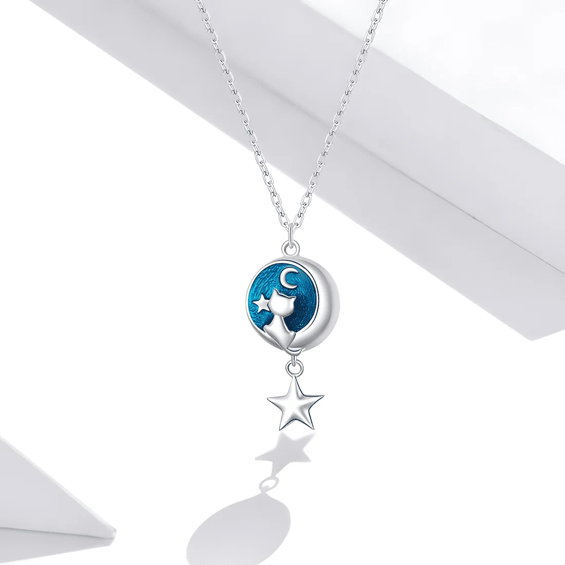 Collar Gato y Luna <myexti><span>Plata de Ley 925, chapada en oro blanco, con esmalte azul y longitud ajustable</span></myexti> - Imagen 4