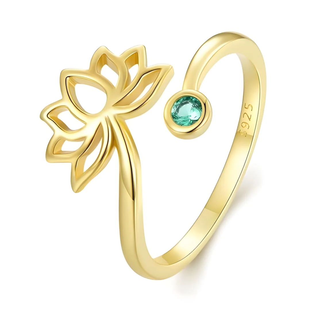 Anillo Flor de Loto <myexti><span>Plata de Ley 925, chapado en oro amarillo, con circonitas verdes - ajustable</span></myexti>