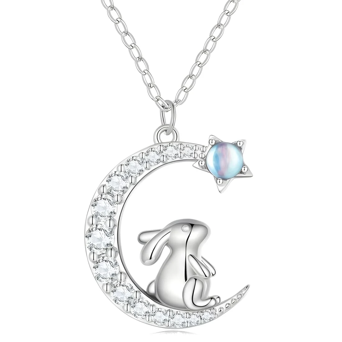 Collar Conejo de la Luna <myexti><span>Plata de Ley 925, chapado en oro blanco, con circonitas y piedra lunar, con longitud ajustable</span></myexti>