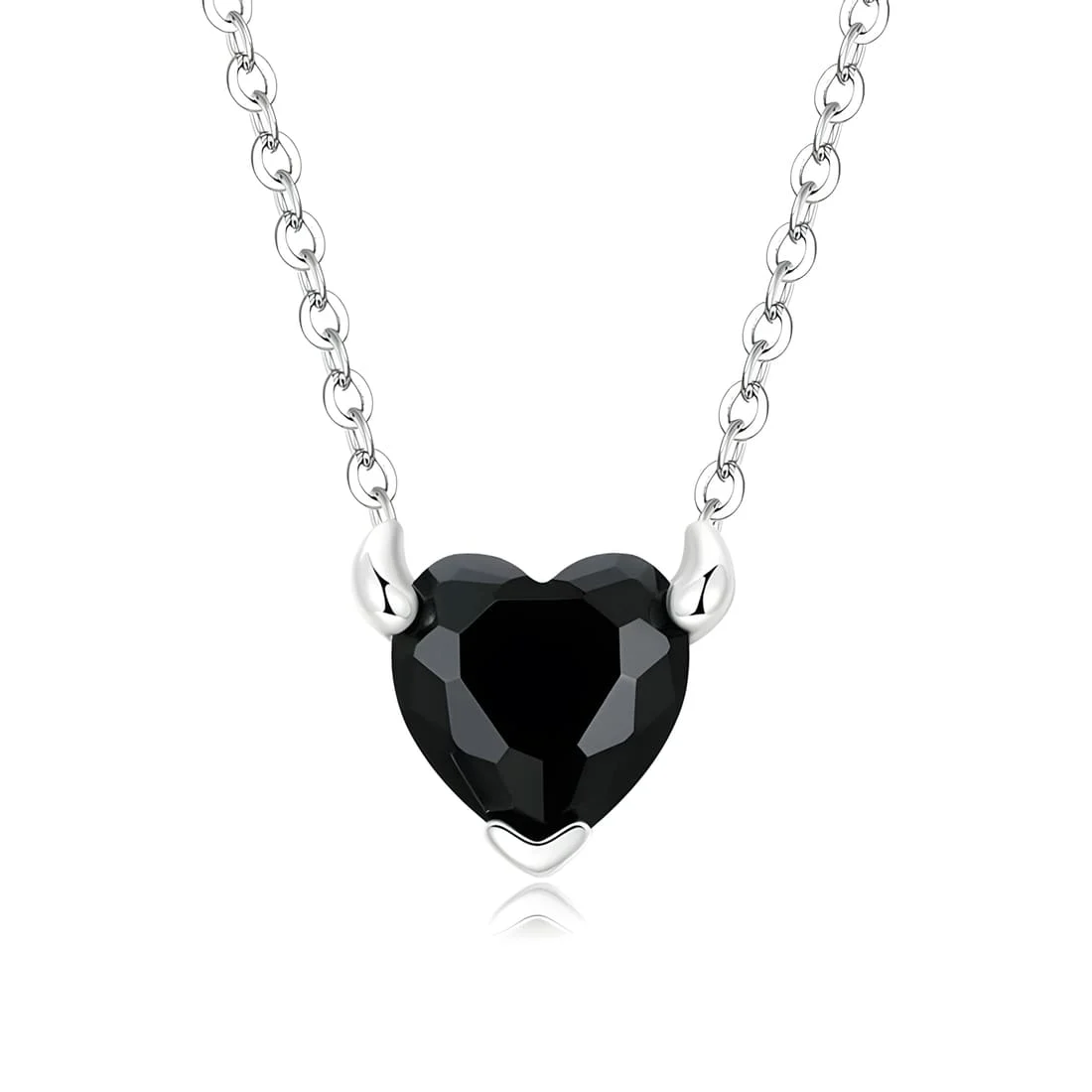 Collar de Corazón Negro <myexti><span>Plata de Ley 925, chapada en oro blanco, con circonitas negras y cuernos de diablo, longitud ajustable</span></myexti>