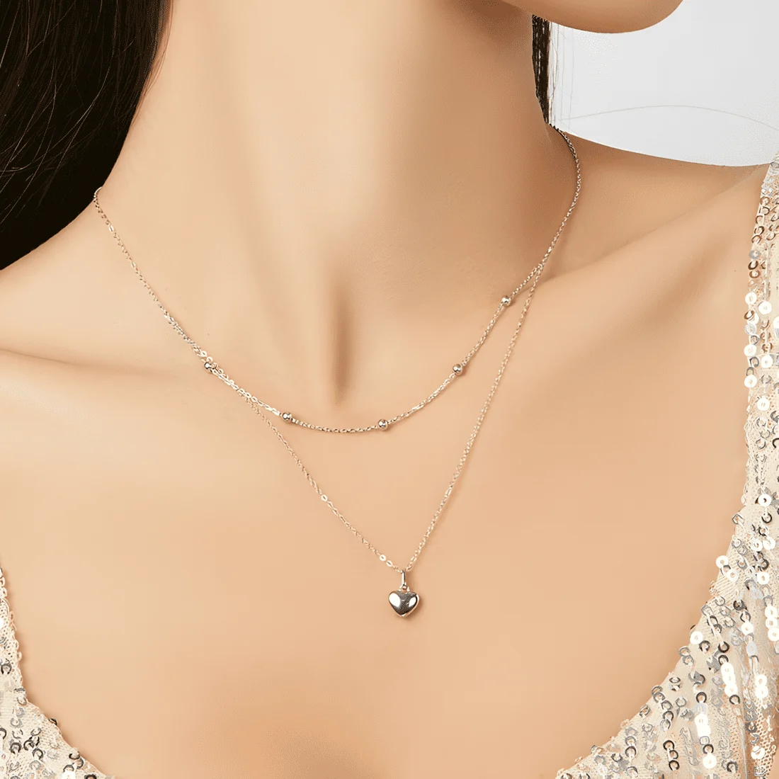 Collar de Corazón <myexti><span>Plata de Ley 925, chapada en oro blanco, con doble cadena y longitud ajustable</span></myexti> - Imagen 2