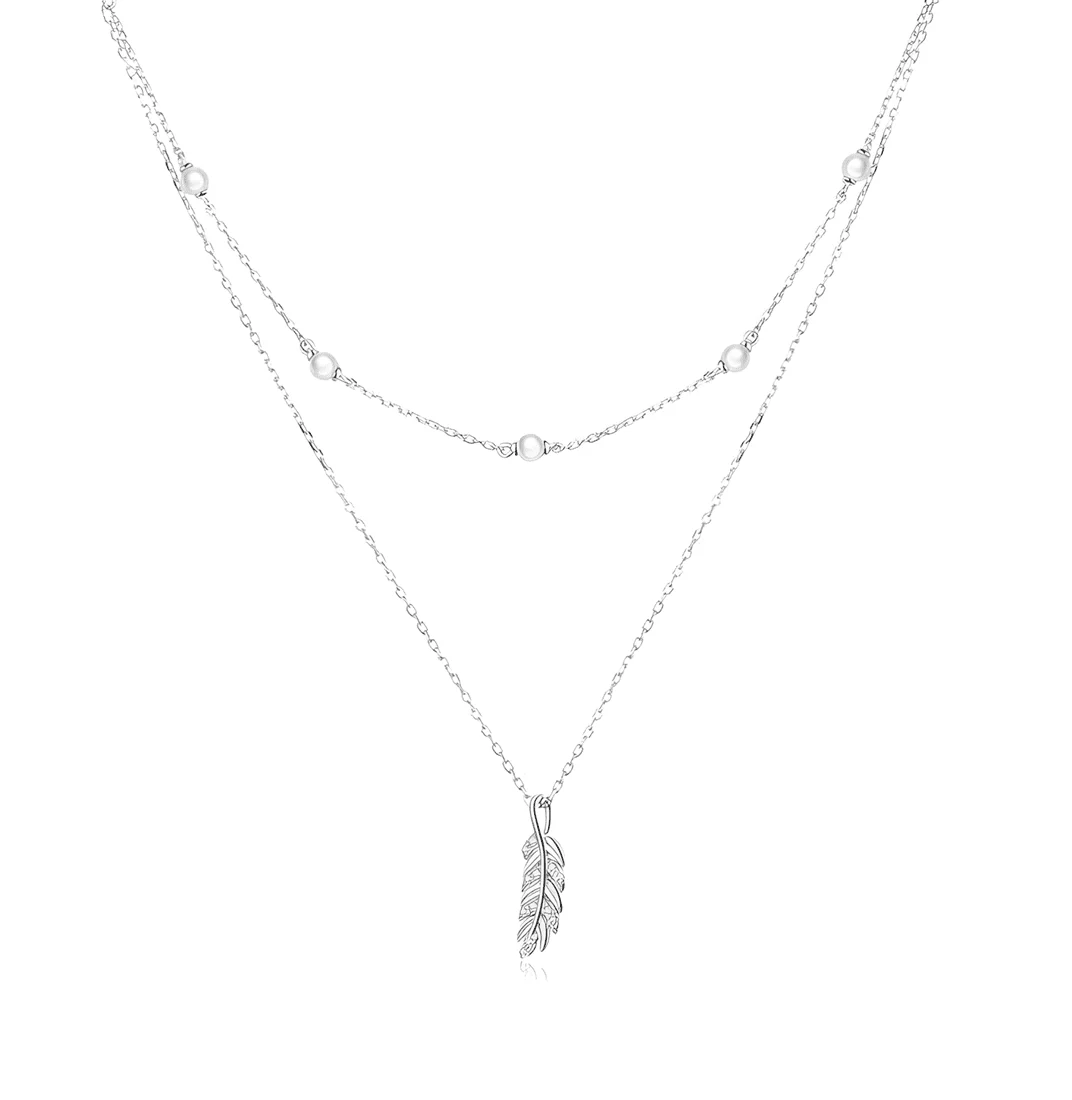 Collar de Pluma <myexti><span>Plata de Ley 925, chapada en oro blanco, con doble cadena, cuentas, y circonitas</span></myexti>