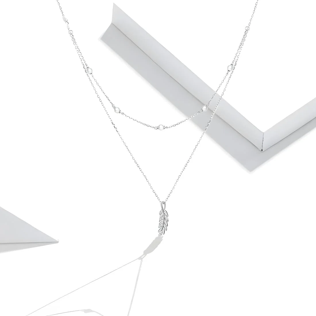 Collar de Pluma <myexti><span>Plata de Ley 925, chapada en oro blanco, con doble cadena, cuentas, y circonitas</span></myexti> - Imagen 3