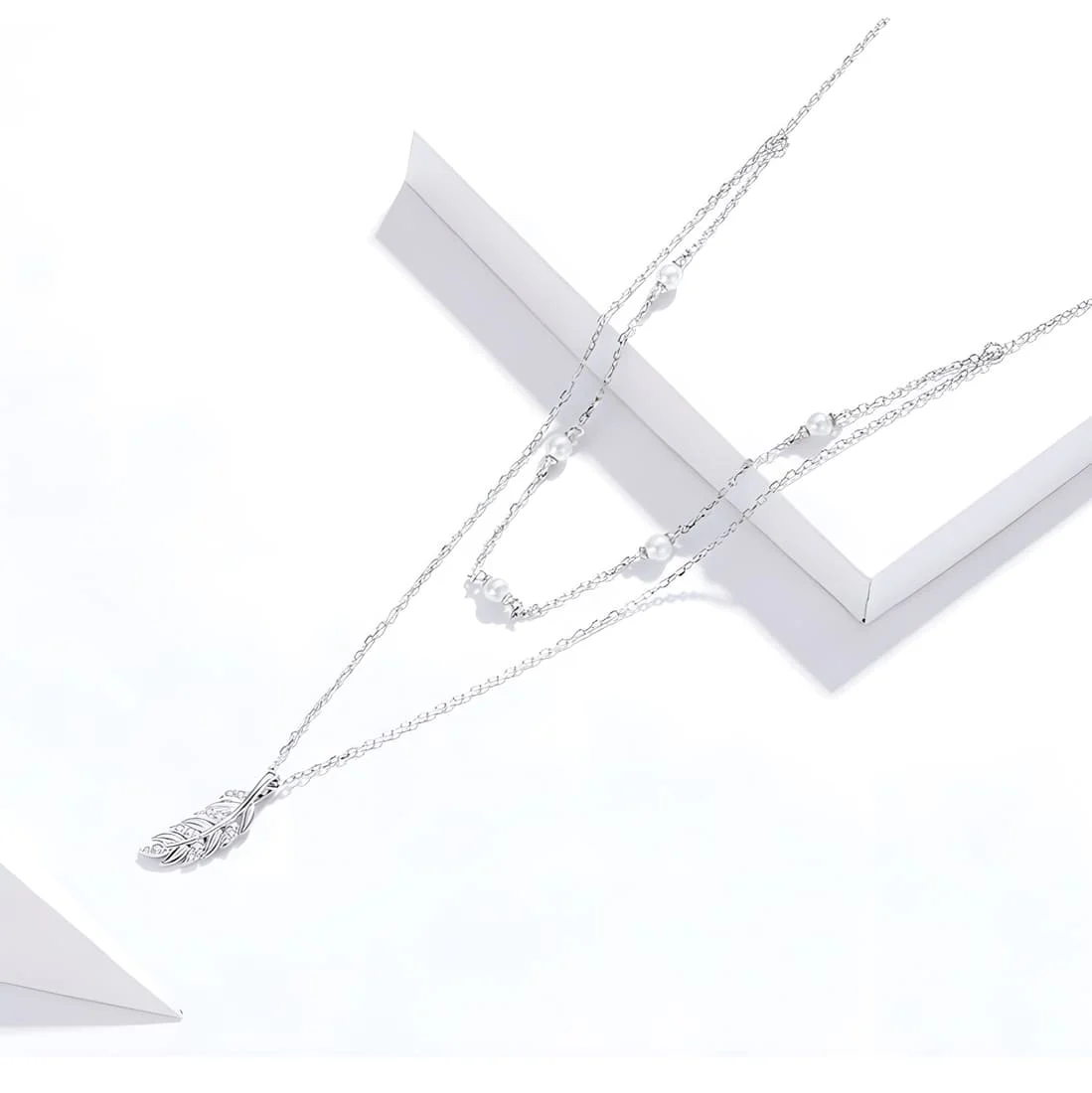 Collar de Pluma <myexti><span>Plata de Ley 925, chapada en oro blanco, con doble cadena, cuentas, y circonitas</span></myexti> - Imagen 6