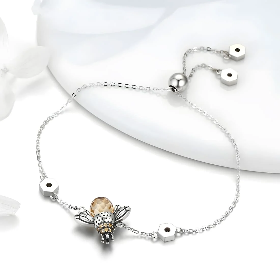 Pulsera Abeja Reina <myexti><span>Plata de Ley 925, chapada en oro blanco, con circonitas marrones y longitud ajustable</span></myexti> - Imagen 3