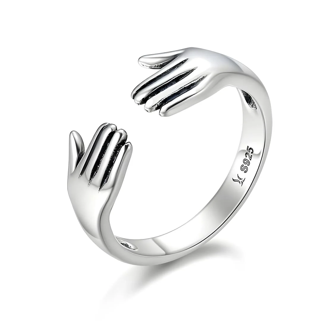 Anillo Abrazo <myexti><span>Plata de Ley 925, chapada en oro blanco, con detalles de manos - ajustable</span></myexti>