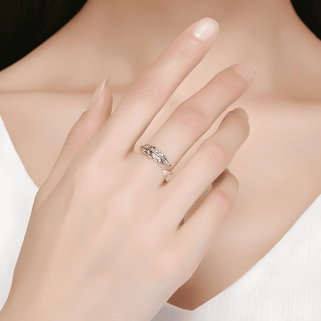 Anillo de Pluma <myexti><span>Plata de Ley 925, chapada en oro blanco, con circonitas - ajustable</span></myexti> - Imagen 2