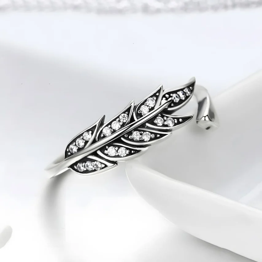 Anillo de Pluma <myexti><span>Plata de Ley 925, chapada en oro blanco, con circonitas - ajustable</span></myexti> - Imagen 4