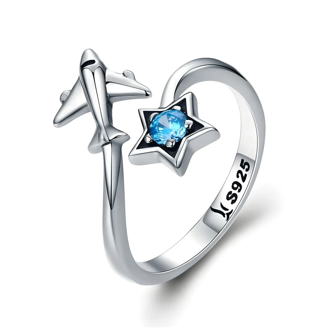Anillo de Avión con Estrella <myexti><span>Plata de Ley 925, chapada en oro blanco, con circonitas azules - ajustable</span></myexti>