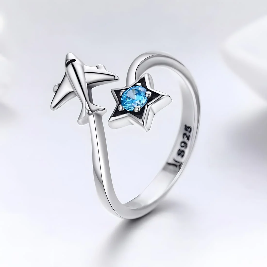 Anillo de Avión con Estrella <myexti><span>Plata de Ley 925, chapada en oro blanco, con circonitas azules - ajustable</span></myexti> - Imagen 3