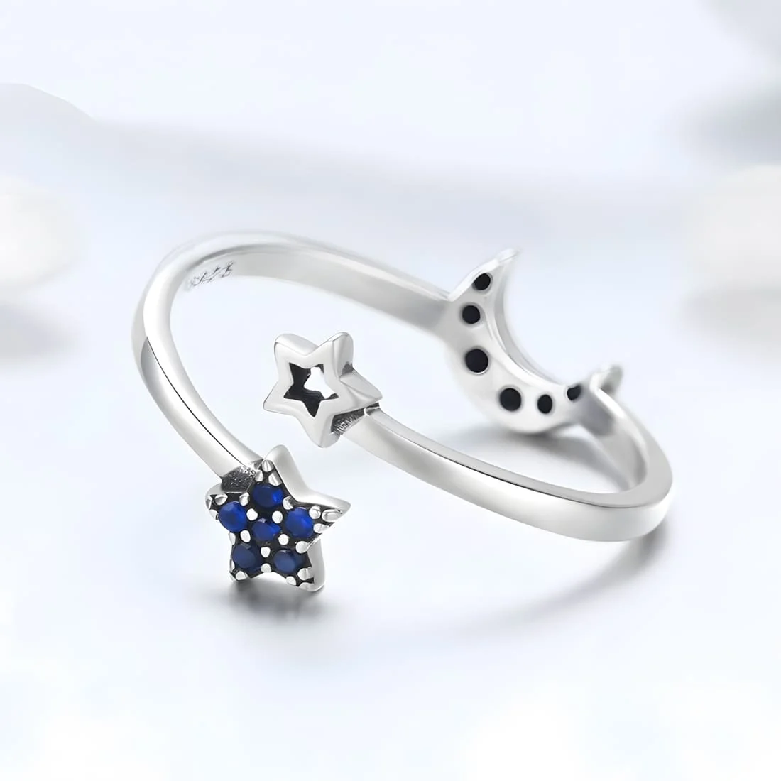 Anillo de Luna y Estrellas <myexti><span>Plata de Ley 925, chapada en oro blanco, con circonitas azules - ajustable</span></myexti> - Imagen 4