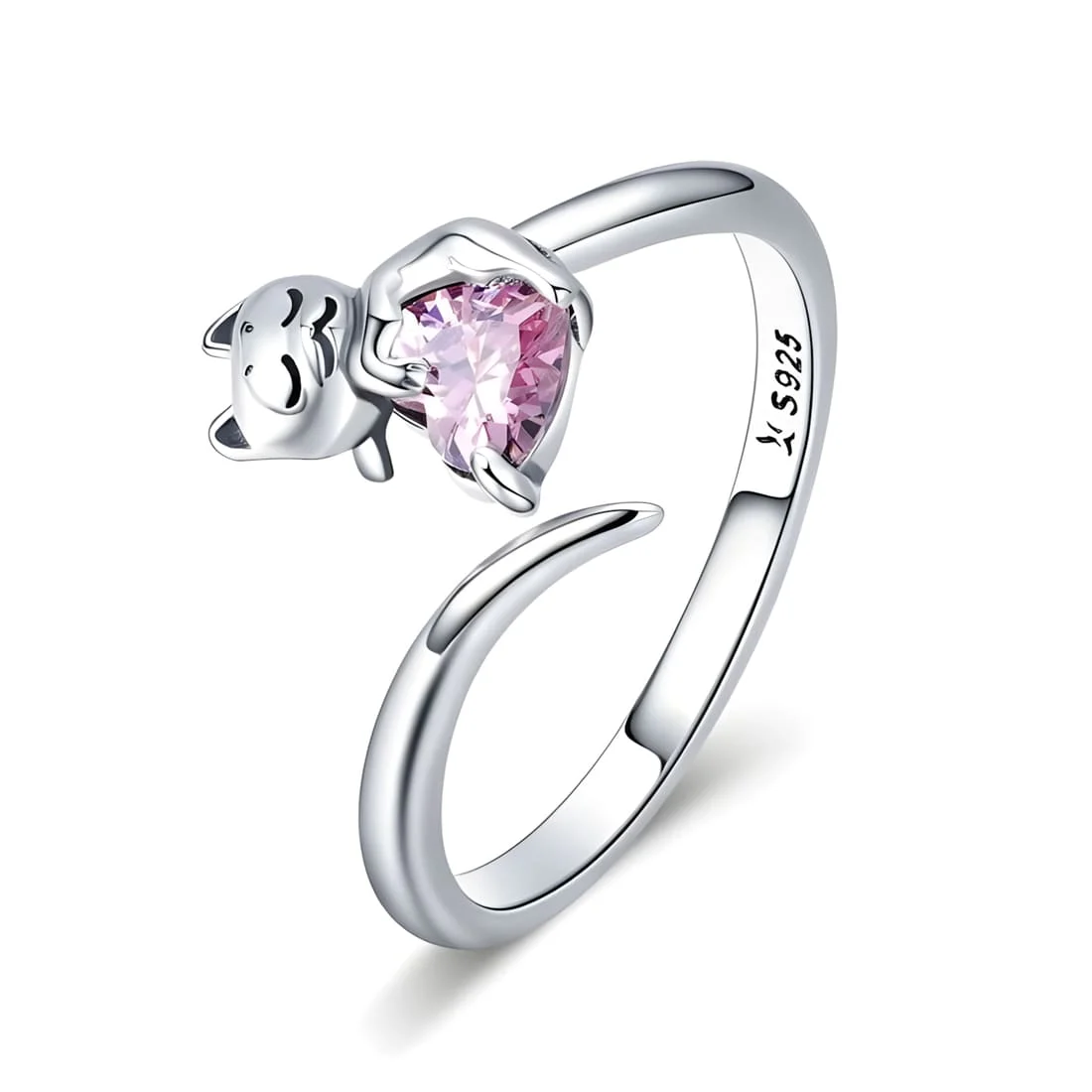 Anillo de Corazón de Gato <myexti><span>Plata de Ley 925, chapada en oro blanco, con circonitas rosas - ajustable</span></myexti>