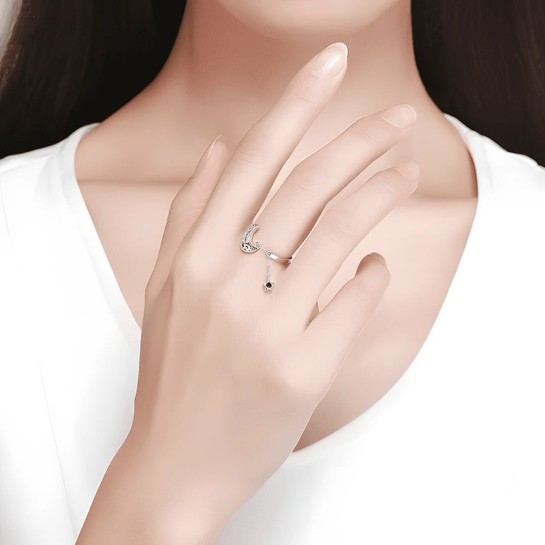 Anillo de Luna y Estrella <myexti><span>Plata de Ley 925, chapada en oro blanco, con circonitas negras</span></myexti> - Imagen 2