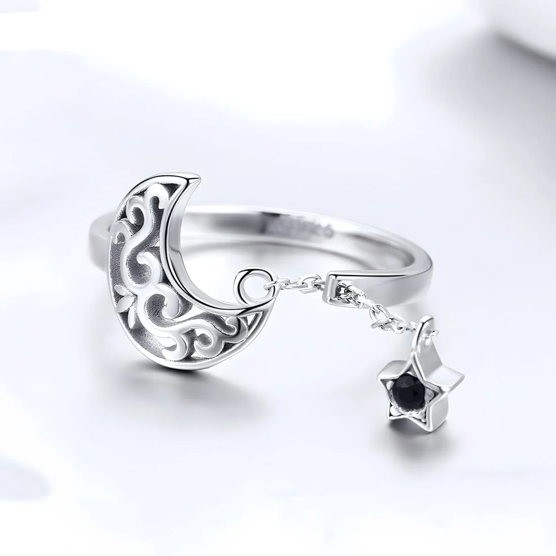 Anillo de Luna y Estrella <myexti><span>Plata de Ley 925, chapada en oro blanco, con circonitas negras</span></myexti> - Imagen 5