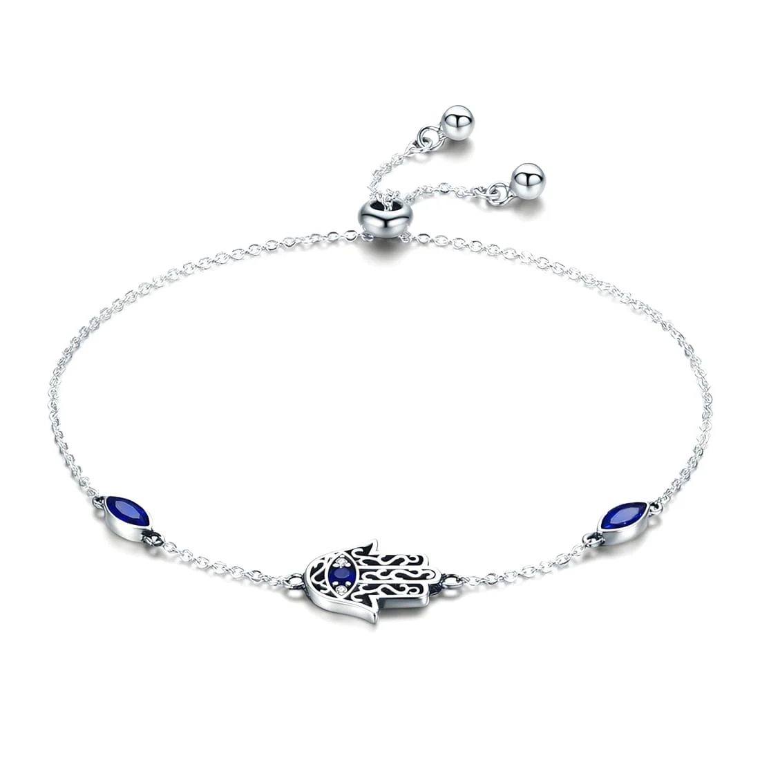 Pulsera Hamsa <myexti><span>Plata de Ley 925, chapada en oro blanco, con circonitas blancas y azules y longitud ajustable</span></myexti>