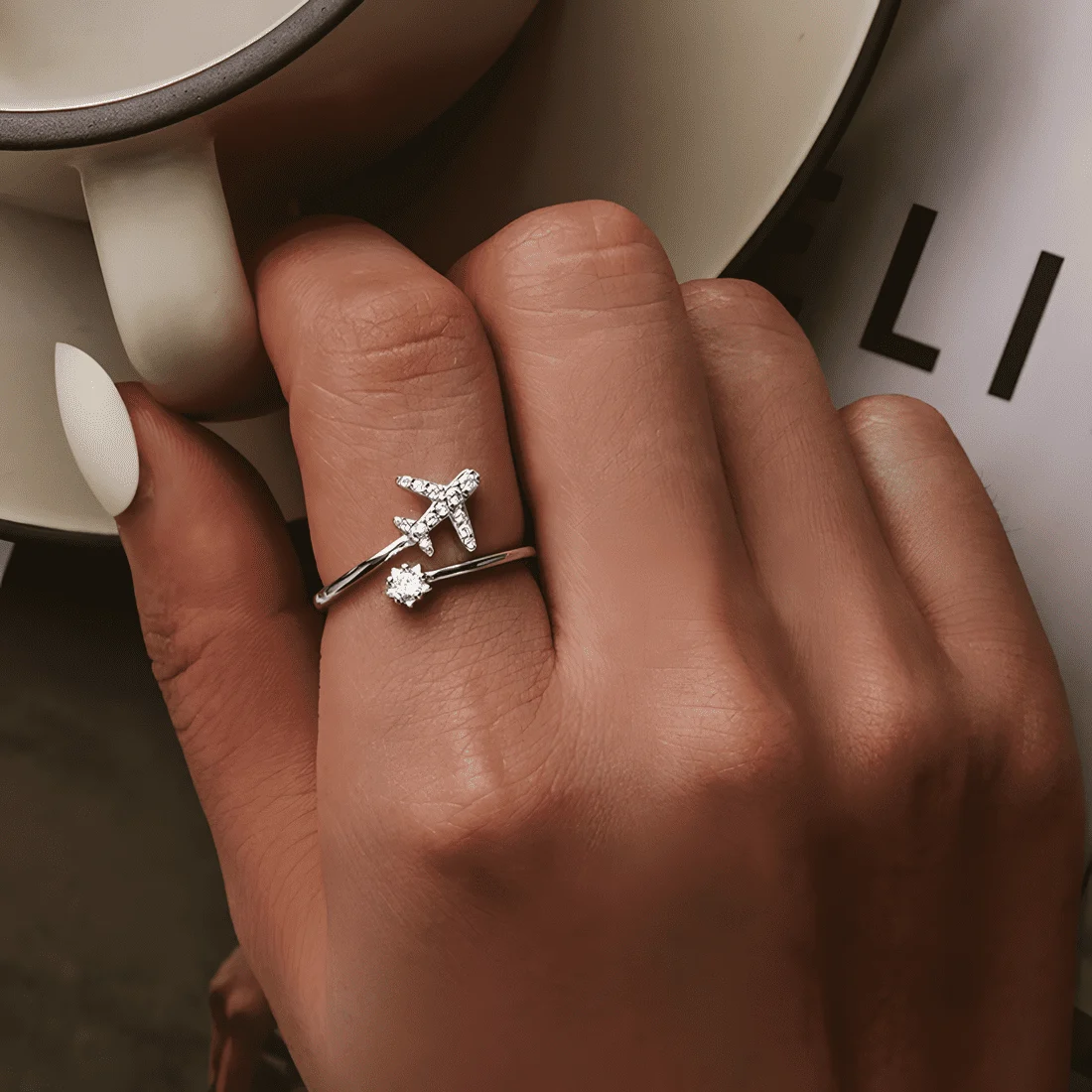 Anillo de Avión <myexti><span>Plata de Ley 925, chapada en oro blanco, con circonitas - ajustable</span></myexti> - Imagen 2