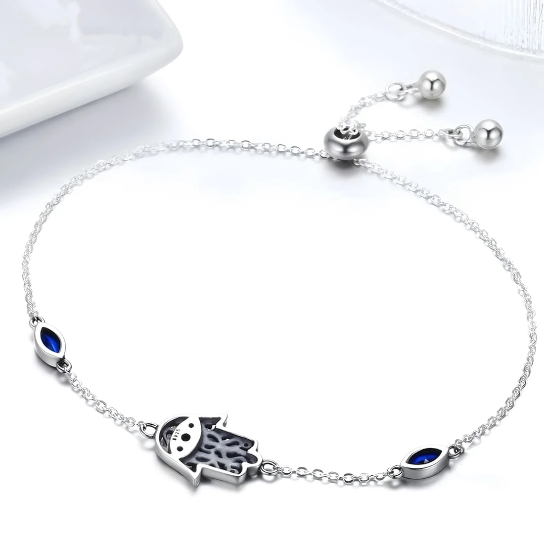 Pulsera Hamsa <myexti><span>Plata de Ley 925, chapada en oro blanco, con circonitas blancas y azules y longitud ajustable</span></myexti> - Imagen 3