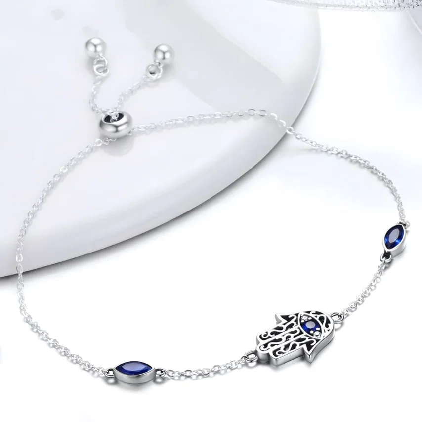 Pulsera Hamsa <myexti><span>Plata de Ley 925, chapada en oro blanco, con circonitas blancas y azules y longitud ajustable</span></myexti> - Imagen 4