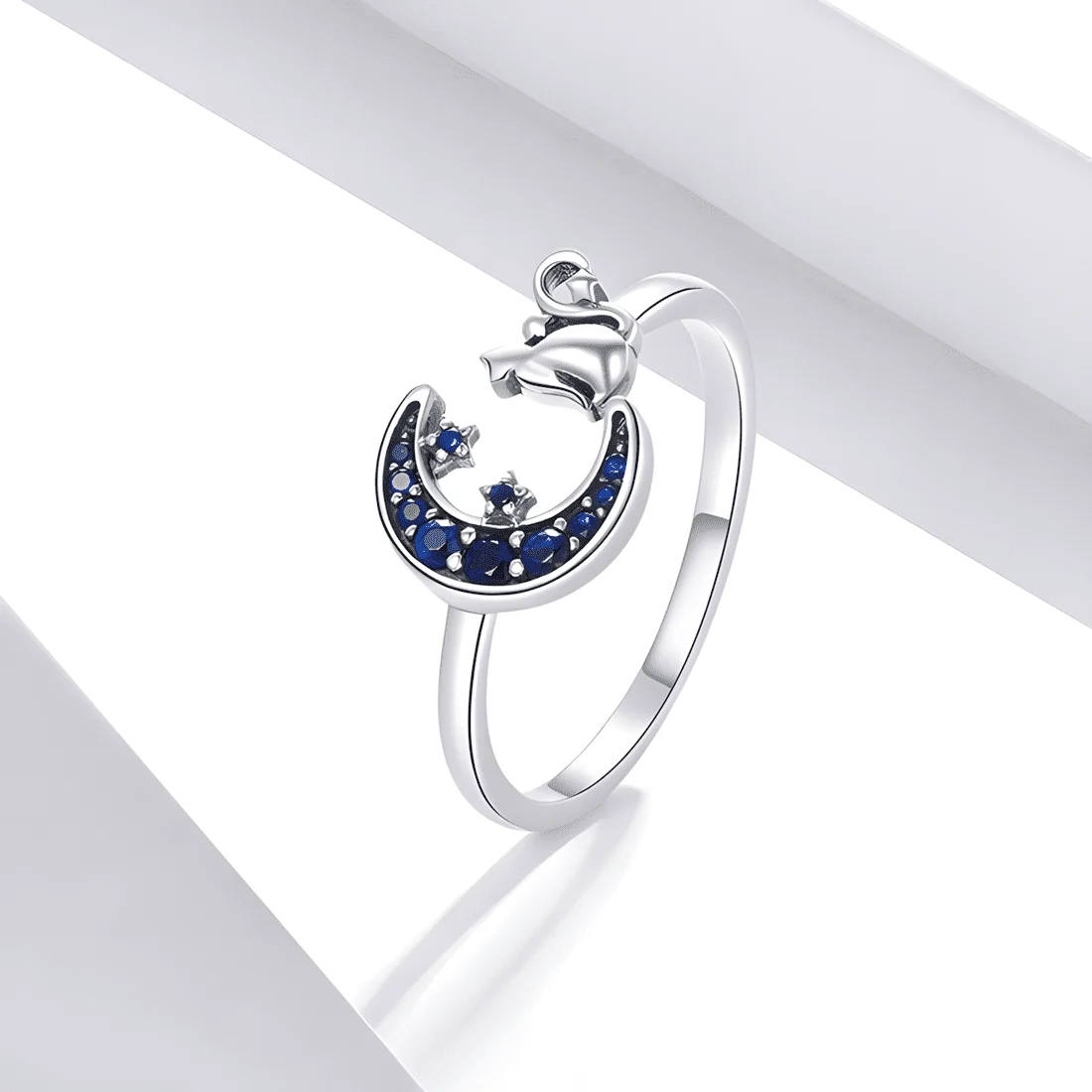 Anillo de Luna y Gato <myexti><span>Plata de Ley 925, chapada en oro blanco, con circonitas azules - ajustable</span></myexti> - Imagen 3