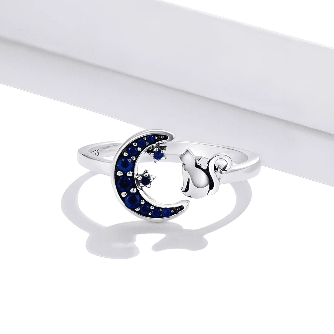 Anillo de Luna y Gato <myexti><span>Plata de Ley 925, chapada en oro blanco, con circonitas azules - ajustable</span></myexti> - Imagen 4