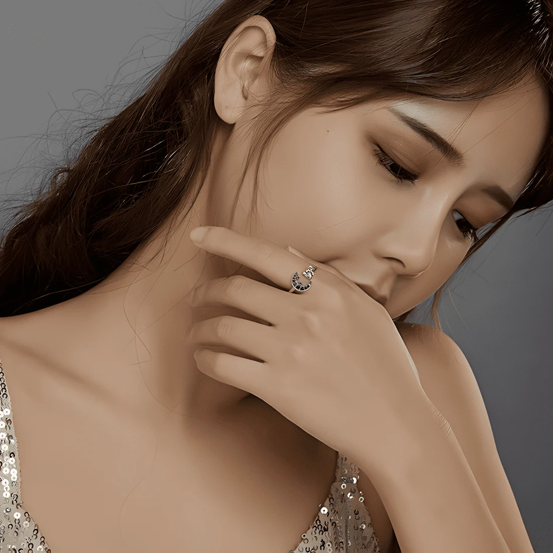 Anillo de Luna y Gato <myexti><span>Plata de Ley 925, chapada en oro blanco, con circonitas azules - ajustable</span></myexti> - Imagen 6