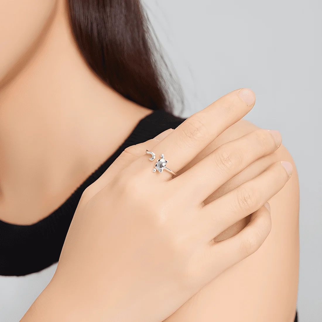 Anillo de Gato <myexti><span>Plata de Ley 925, chapada en oro blanco, con circonitas negras - ajustable</span></myexti> - Imagen 6