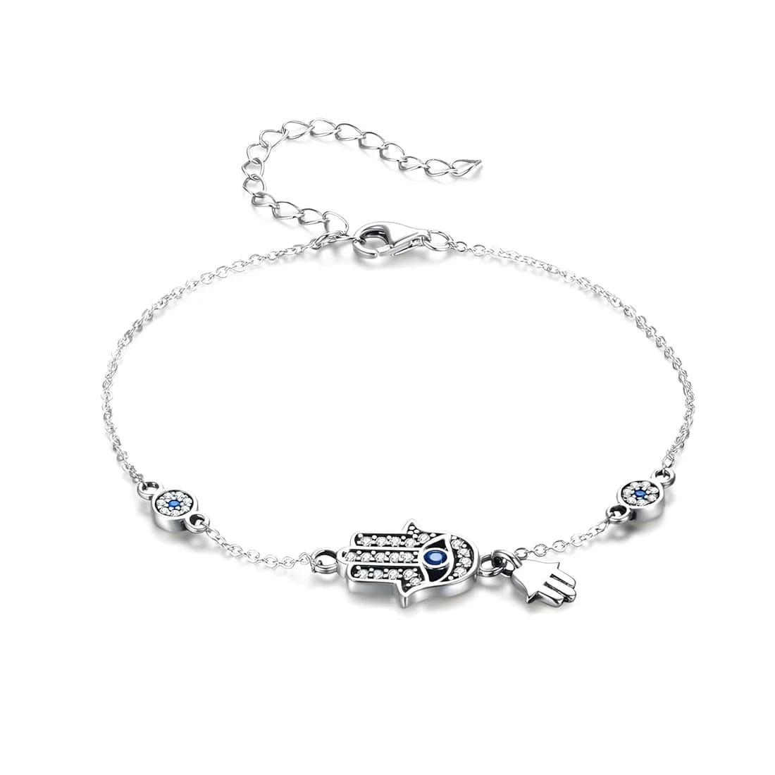Pulsera Hamsa <myexti><span>Plata de Ley 925, chapada en oro blanco, con circonitas blancas y azules y longitud ajustable</span></myexti>