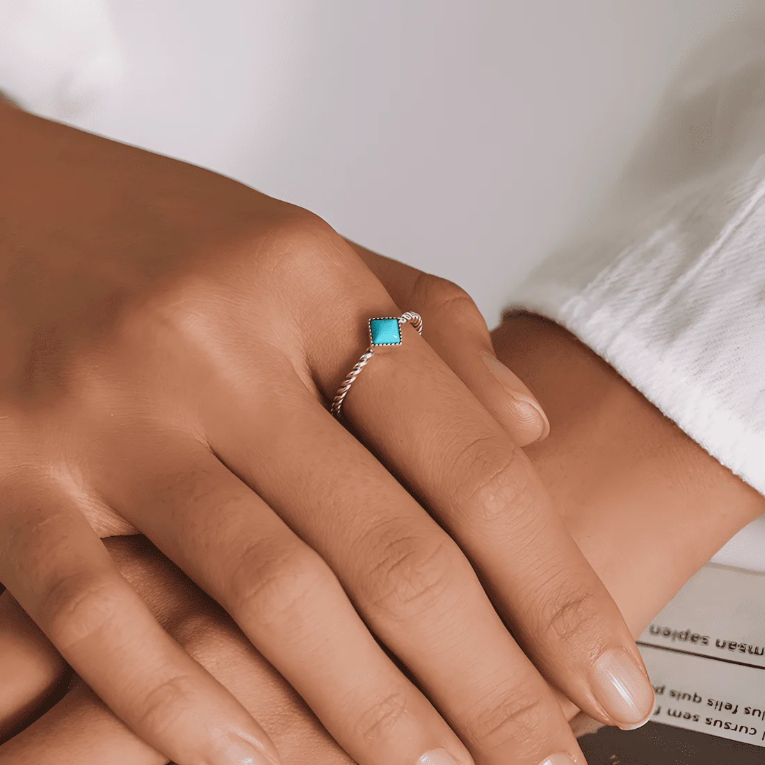 Anillo Vintage con Turquesa <myexti><span>Plata de Ley 925, chapada en oro blanco, con piedra turquesa cuadrada - ajustable</span></myexti> - Imagen 6