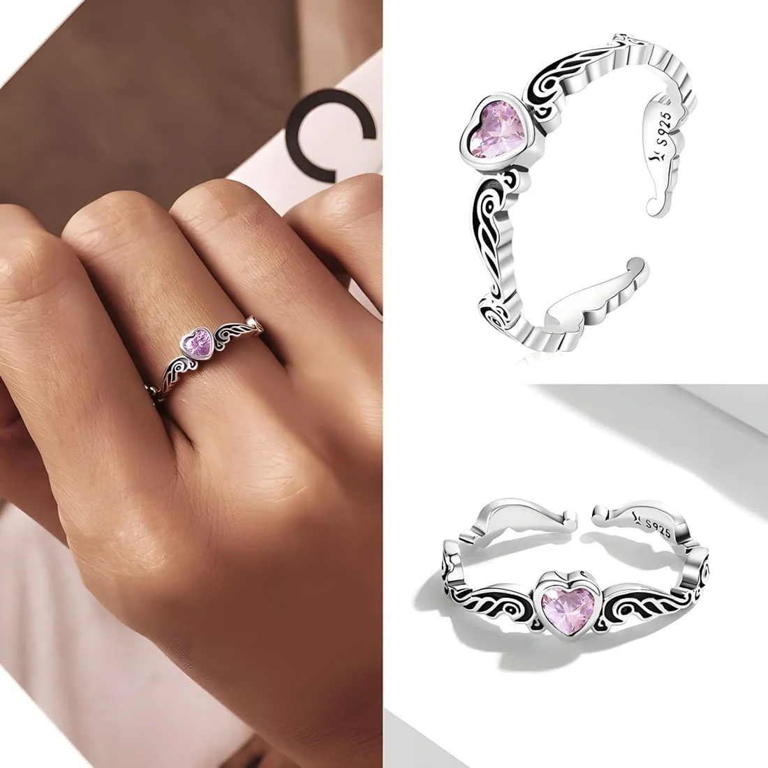 Anillo Tiara de Corazón Rosa <myexti><span>Plata de Ley 925, chapada en oro blanco, con circonitas rosas - ajustable</span></myexti> - Imagen 4