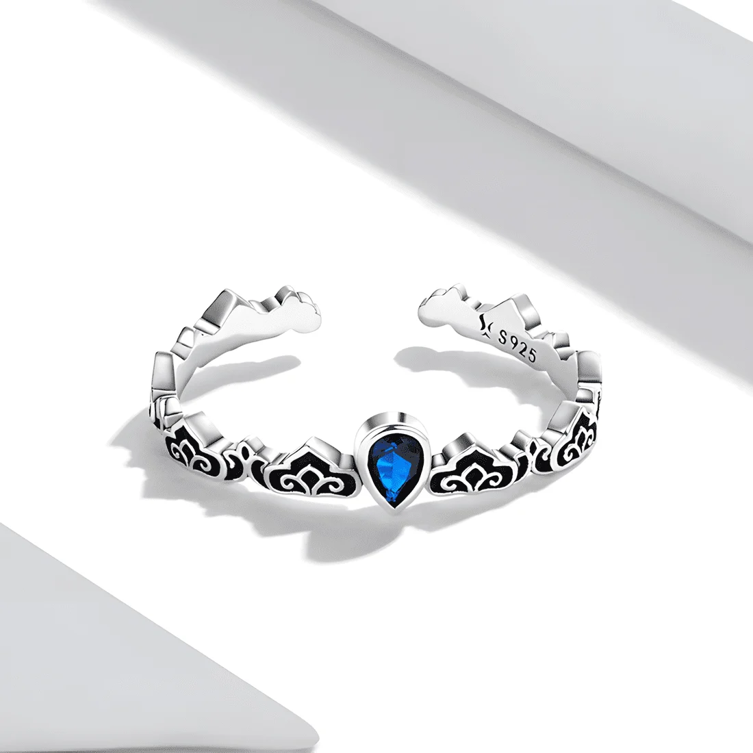 Anillo Tiara con Gota Azul <myexti><span>Plata de Ley 925, chapada en oro blanco, con circonitas azules - ajustable</span></myexti> - Imagen 3