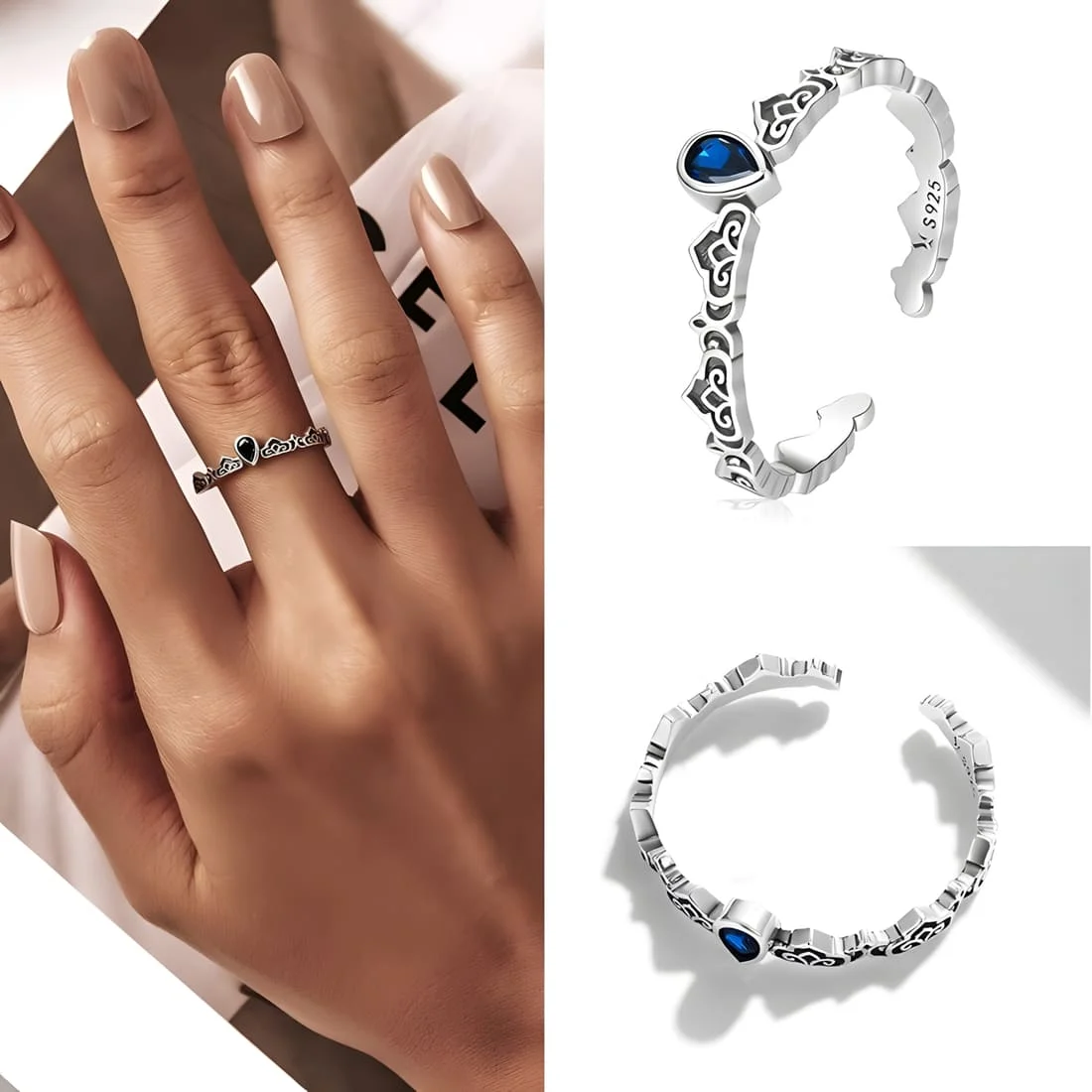 Anillo Tiara con Gota Azul <myexti><span>Plata de Ley 925, chapada en oro blanco, con circonitas azules - ajustable</span></myexti> - Imagen 4