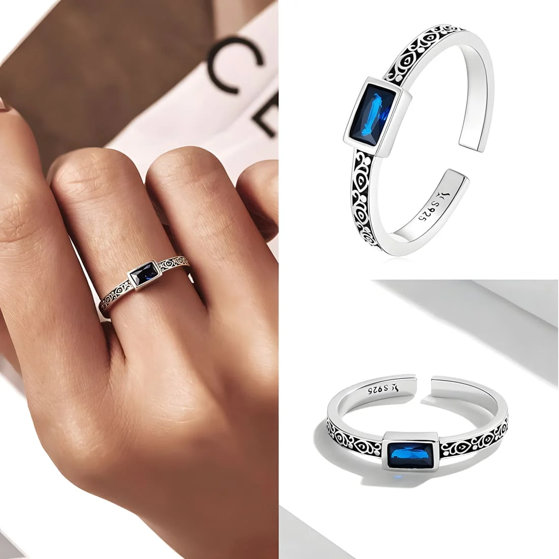 Anillo Vintage con Piedra Azul <myexti><span>Plata de Ley 925, chapada en oro blanco, con grabados y circonitas azules - ajustable</span></myexti> - Imagen 4