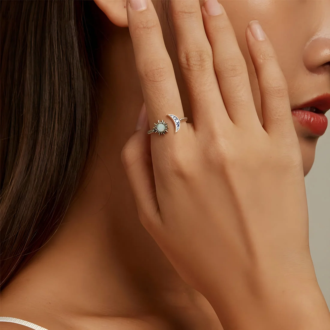 Anillo Sol y Luna Celestial <myexti><span>Plata de Ley 925, chapada en oro blanco, con ópalo y circonitas azules - ajustable</span></myexti> - Imagen 3