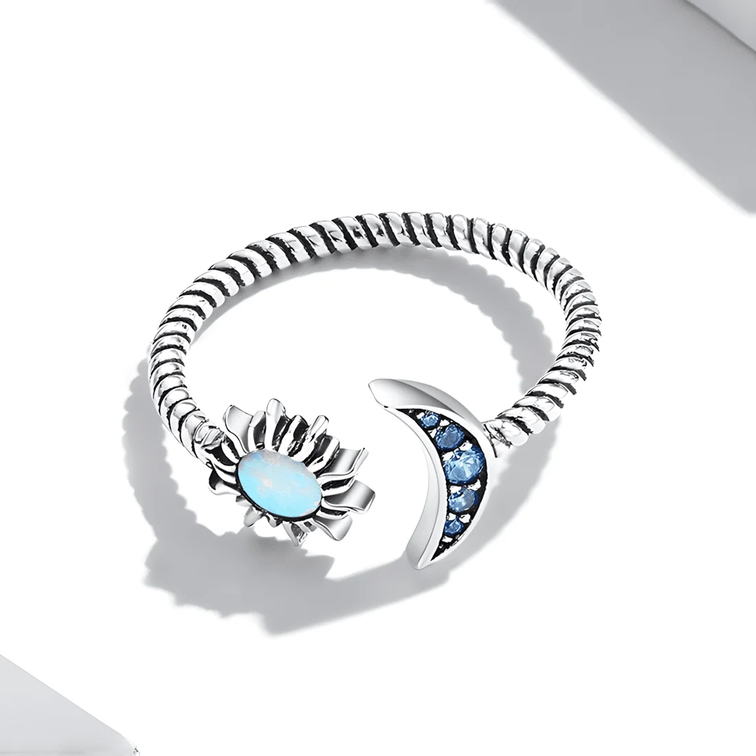 Anillo Sol y Luna Celestial <myexti><span>Plata de Ley 925, chapada en oro blanco, con ópalo y circonitas azules - ajustable</span></myexti> - Imagen 6