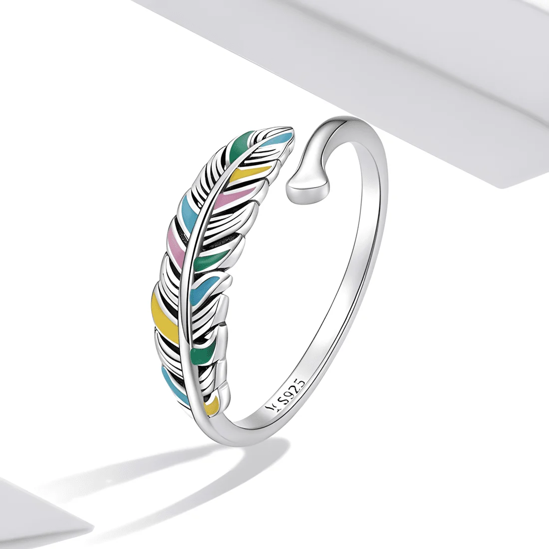 Anillo de Pluma <myexti><span>Plata de Ley 925, chapada en oro blanco, con esmalte multicolor - ajustable</span></myexti> - Imagen 3